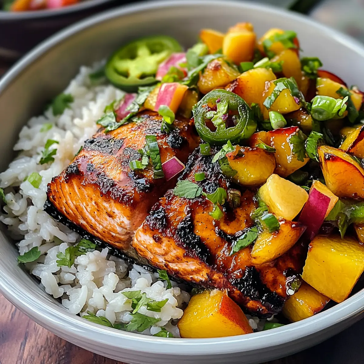 Crispy BBQ Salmon Bowls with Roasted Jalapeño Peach Salsa