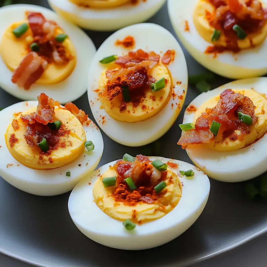 Spicy Deviled Eggs with Sriracha Bacon