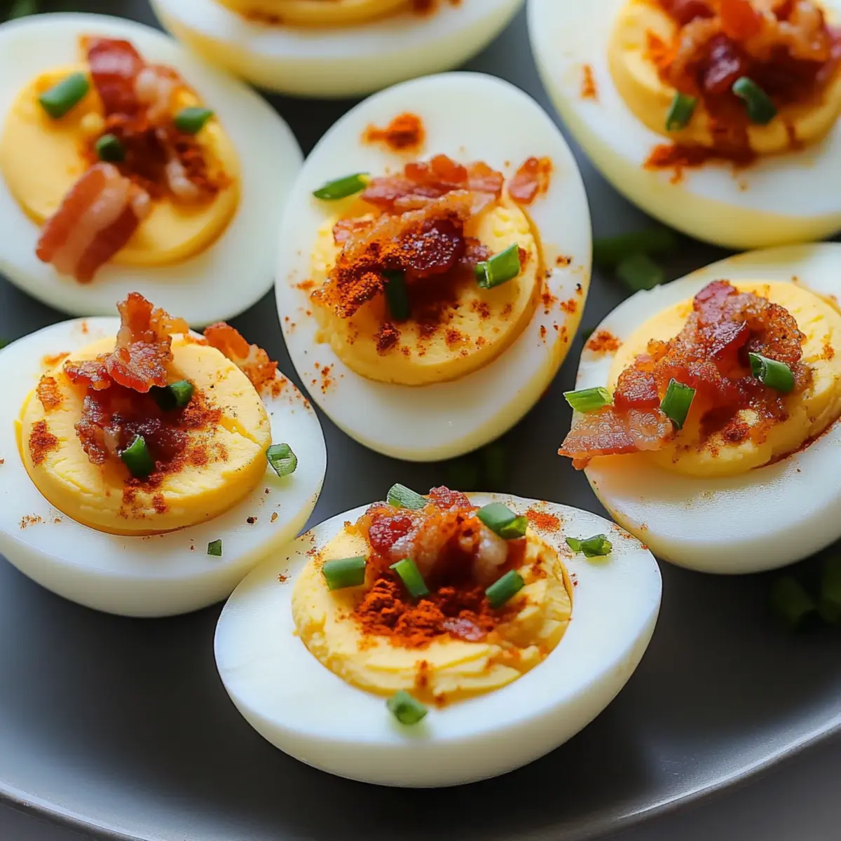 Spicy Deviled Eggs with Sriracha Bacon