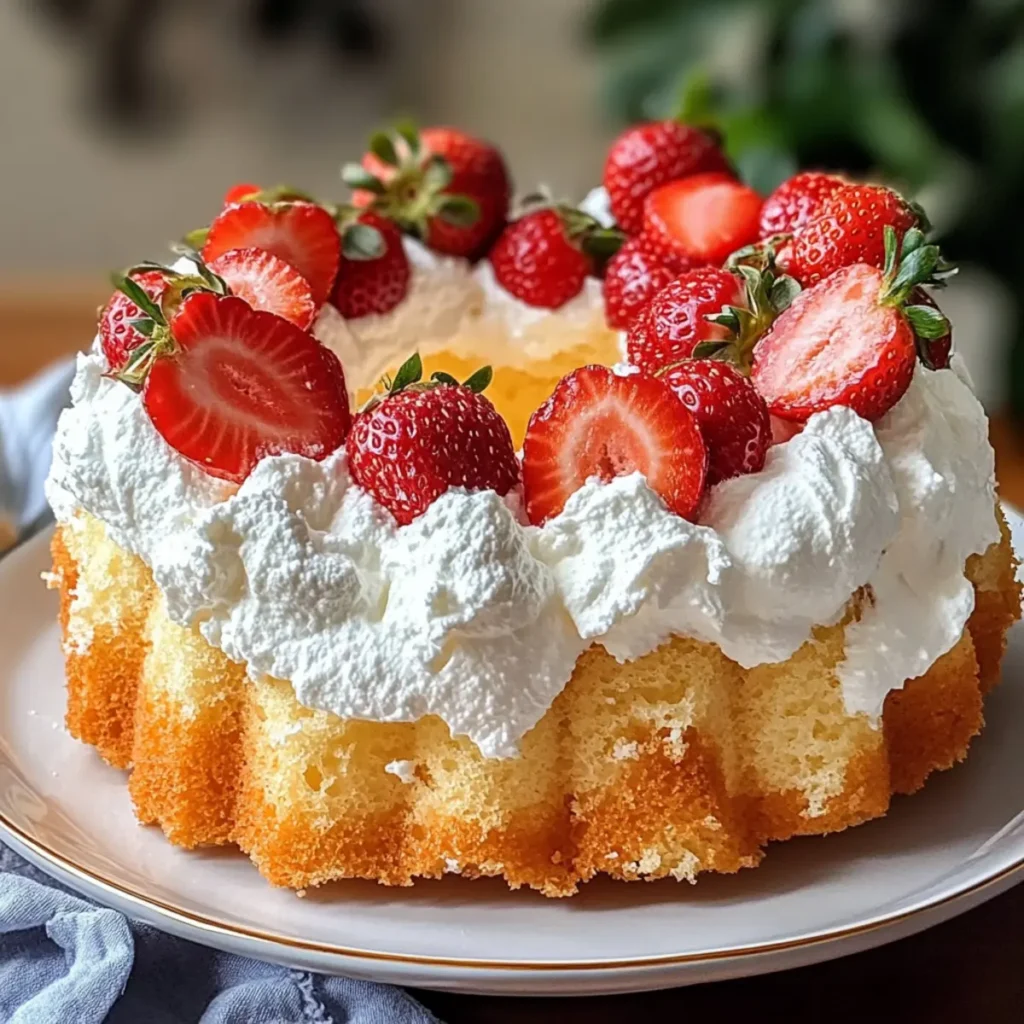 Homemade Angel Food Cake with Whipped Cream & Strawberries