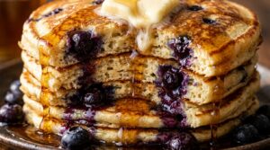 Ultra close-up macro of fluffy blueberry buttermilk pancakes with melting maple butter and syrup