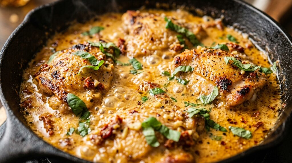 Ultra close-up macro shot of golden seared chicken cutlets simmering in a bubbling sun-dried tomato garlic parmesan cream sauce with fresh torn basil