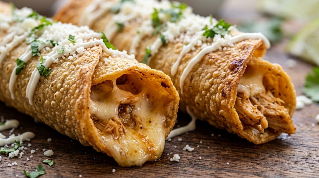 Ultra close-up macro shot of crispy baked chicken taquitos with blistered golden-brown corn shells, melted cheese filling, crema drizzle, and cotija cheese