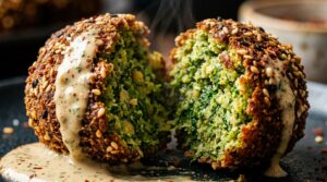 Ultra close-up macro shot of crispy golden baked falafel cracked open with tender emerald green herb interior, garlic lemon tahini drizzle, and toasted sesame seeds