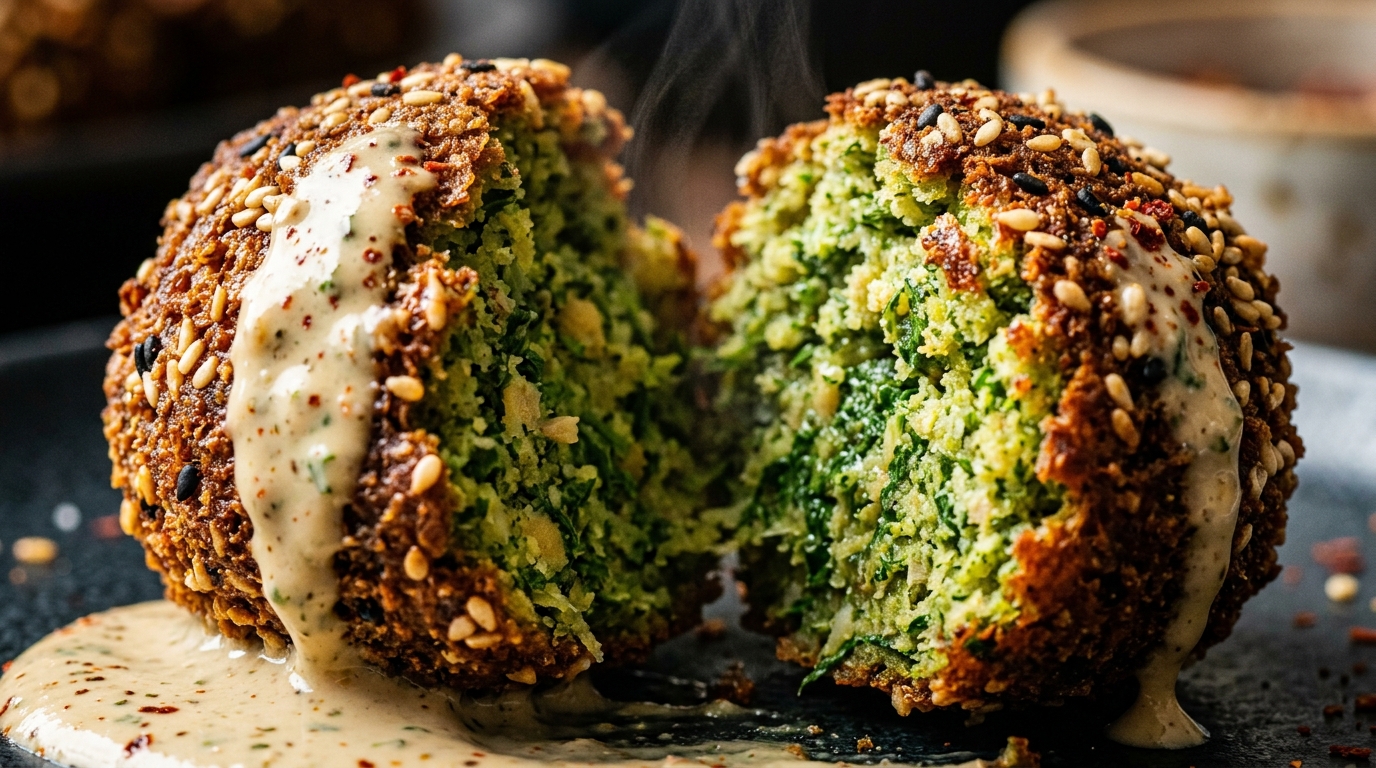 Ultra close-up macro shot of crispy golden baked falafel cracked open with tender emerald green herb interior, garlic lemon tahini drizzle, and toasted sesame seeds