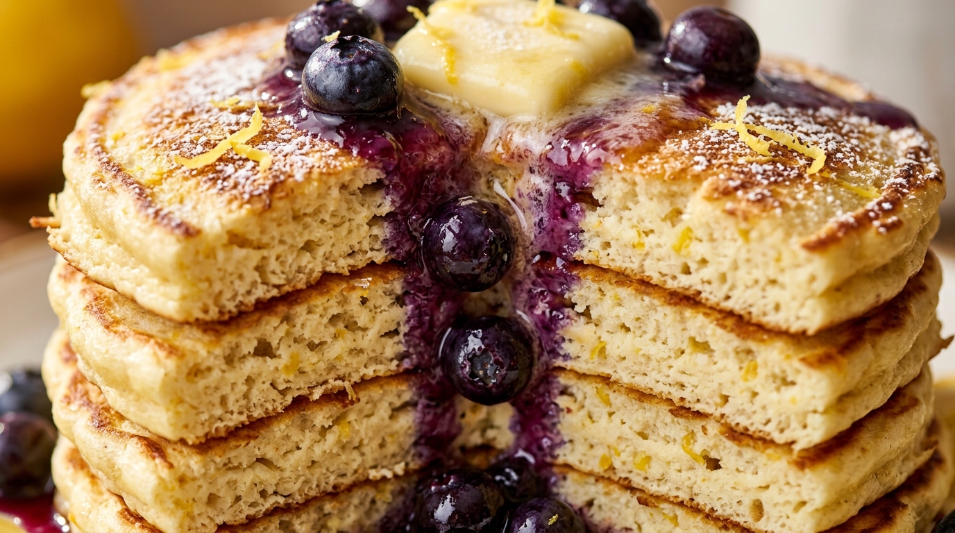 Ultra close-up macro shot of fluffy golden lemon ricotta pancakes with melting butter, fresh lemon zest, and dripping warm blueberry compote