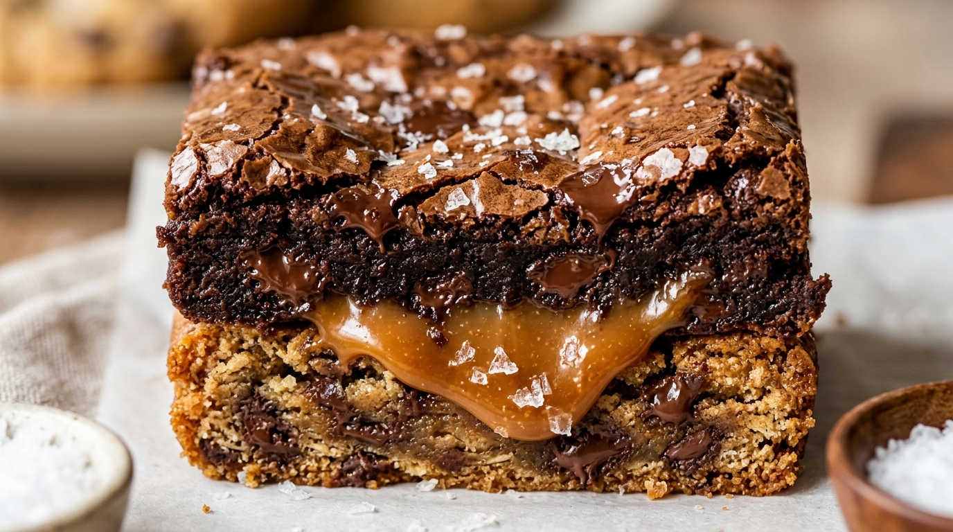 Ultra close-up macro shot of sliced fudgy brown butter salted caramel brookie bar with crinkly brownie top, molten caramel river, and chocolate chip cookie base