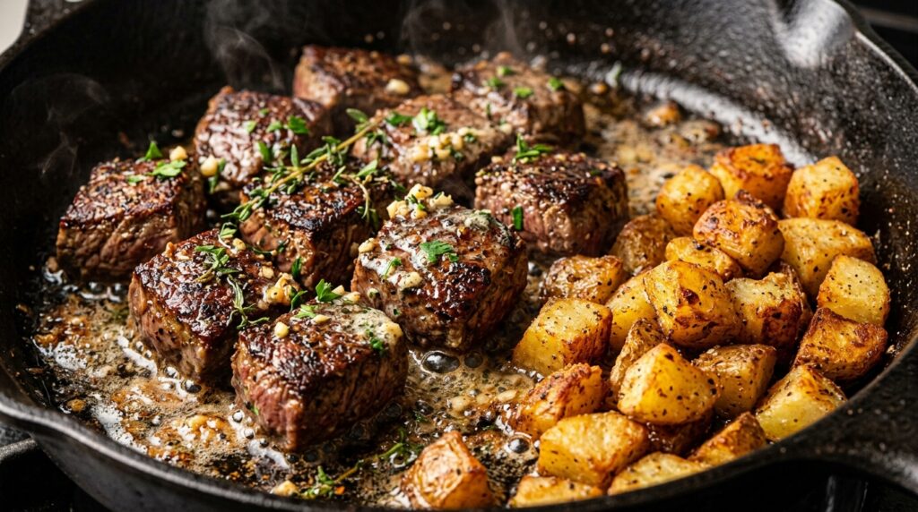 Extreme macro close-up of garlic butter steak bites and crispy golden potatoes in cast iron skillet