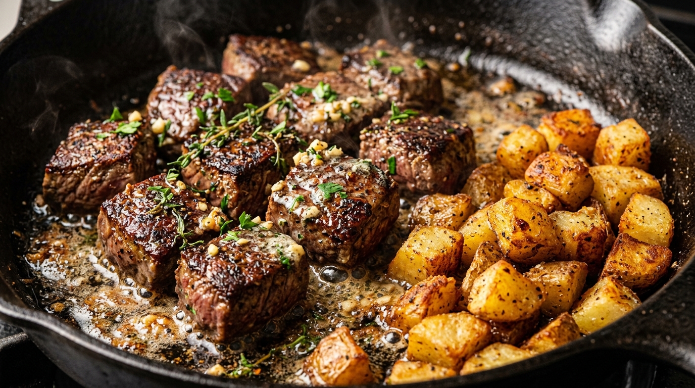 Extreme macro close-up of garlic butter steak bites and crispy golden potatoes in cast iron skillet
