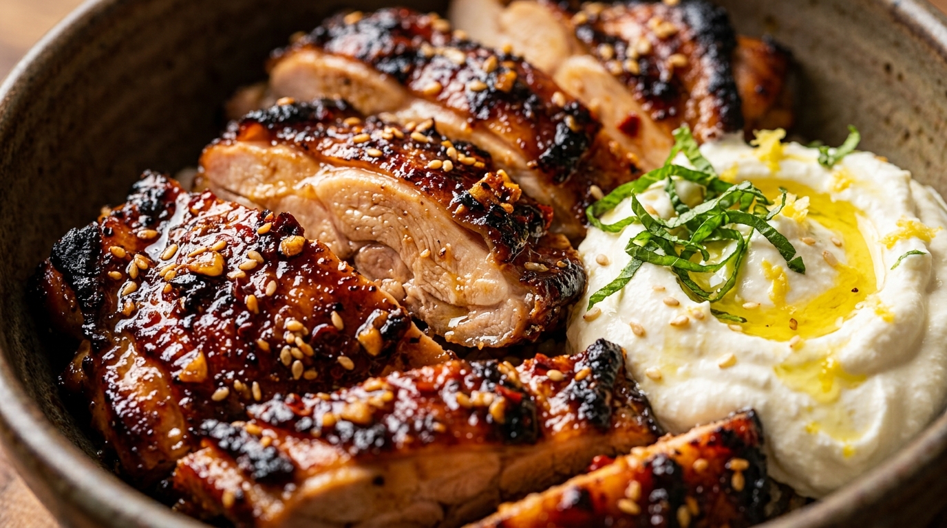 Honey Harissa Chicken Bowls with Whipped Feta ultra close-up macro