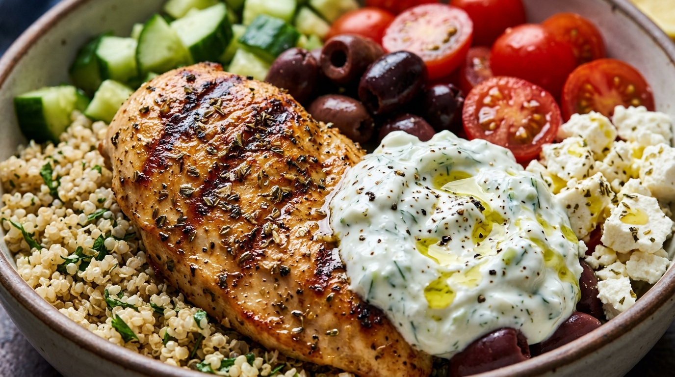 Macro close-up of Mediterranean chicken grain bowl with grilled chicken, quinoa, vegetables, and tzatziki