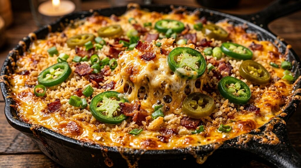 Macro close-up of bubbling hot baked cheesy jalapeno popper dip in cast iron skillet
