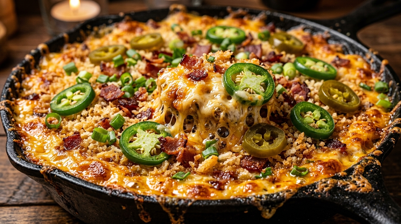 Macro close-up of bubbling hot baked cheesy jalapeno popper dip in cast iron skillet