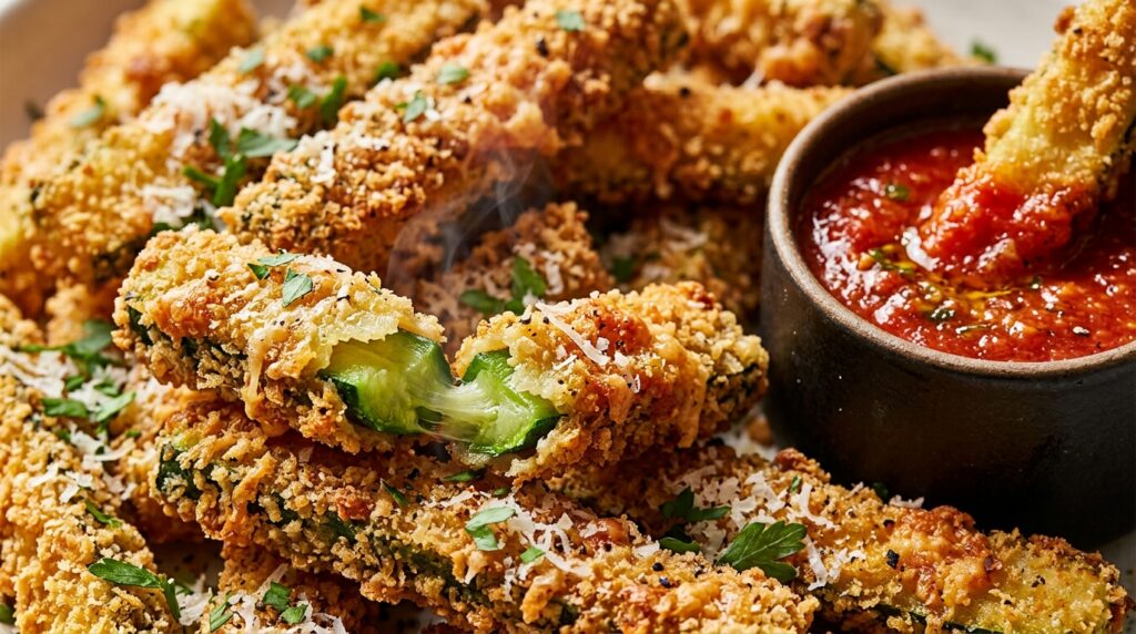 Ultra close-up macro of crispy baked garlic parmesan zucchini fries with marinara dipping sauce
