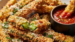 Ultra close-up macro of crispy baked garlic parmesan zucchini fries with marinara dipping sauce