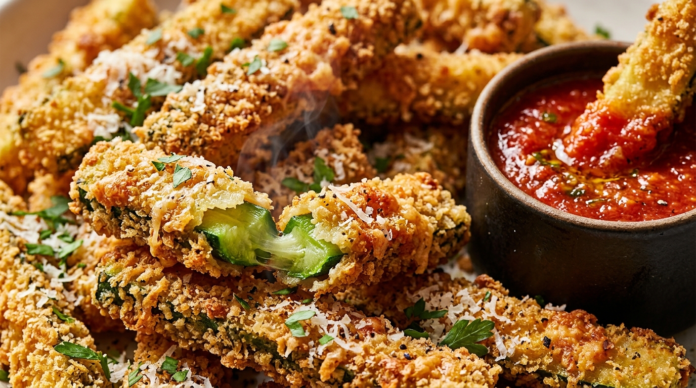 Ultra close-up macro of crispy baked garlic parmesan zucchini fries with marinara dipping sauce